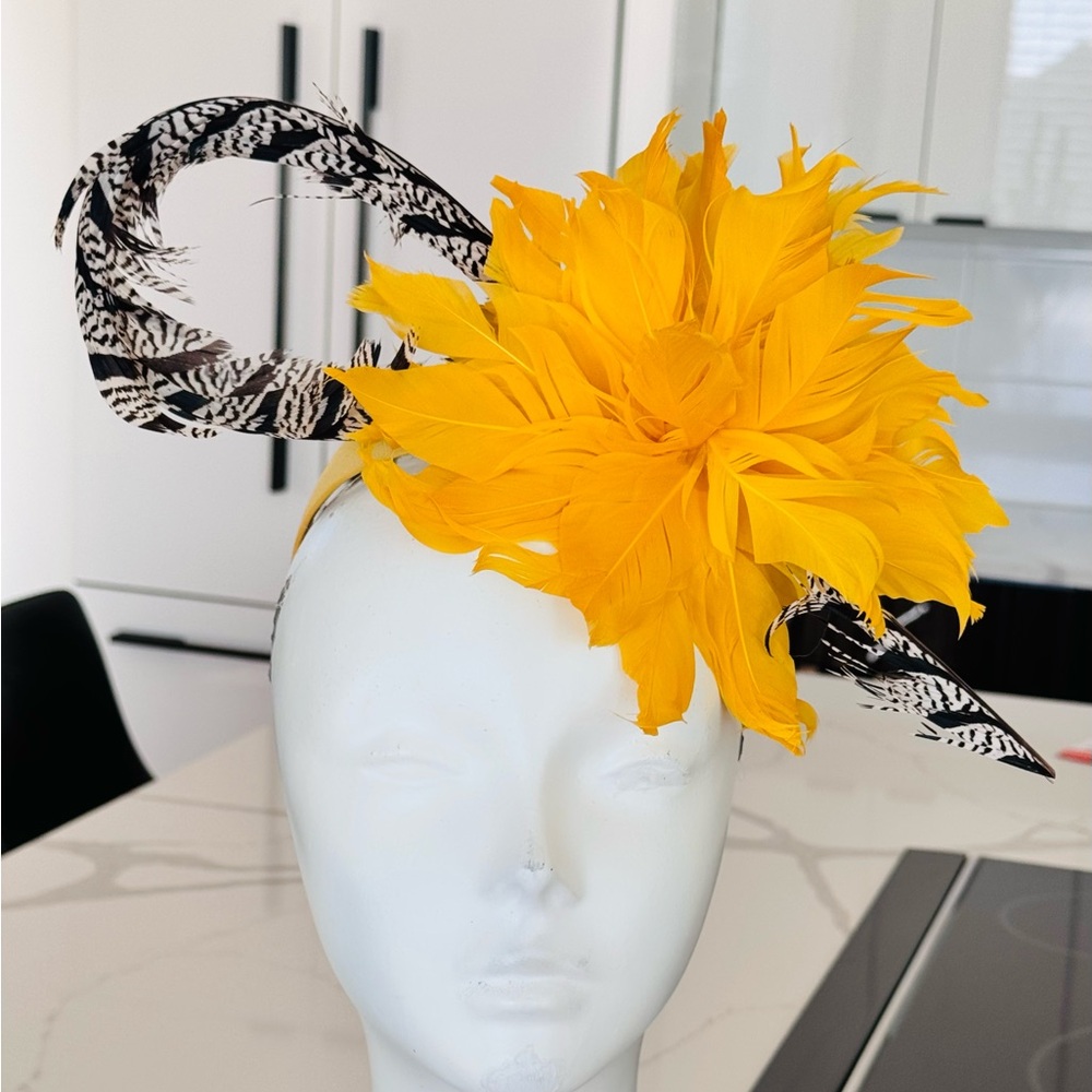 Yellow Feather Fascinator with Black and White Accents